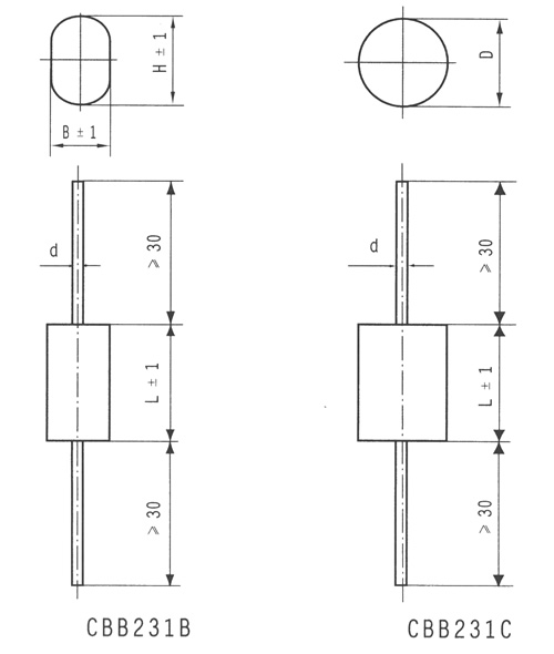 CBB231型双面金属化聚丙烯膜介质电容器尺寸图