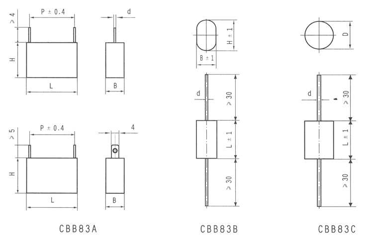 CBB83型金属化聚丙烯膜电容器尺寸图